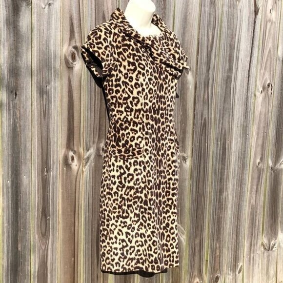 Etcetera 2 Cheetah Print Mini Dress 2 Tan Cream Black Bow Collar Short Sleeve - Picture 3 of 9